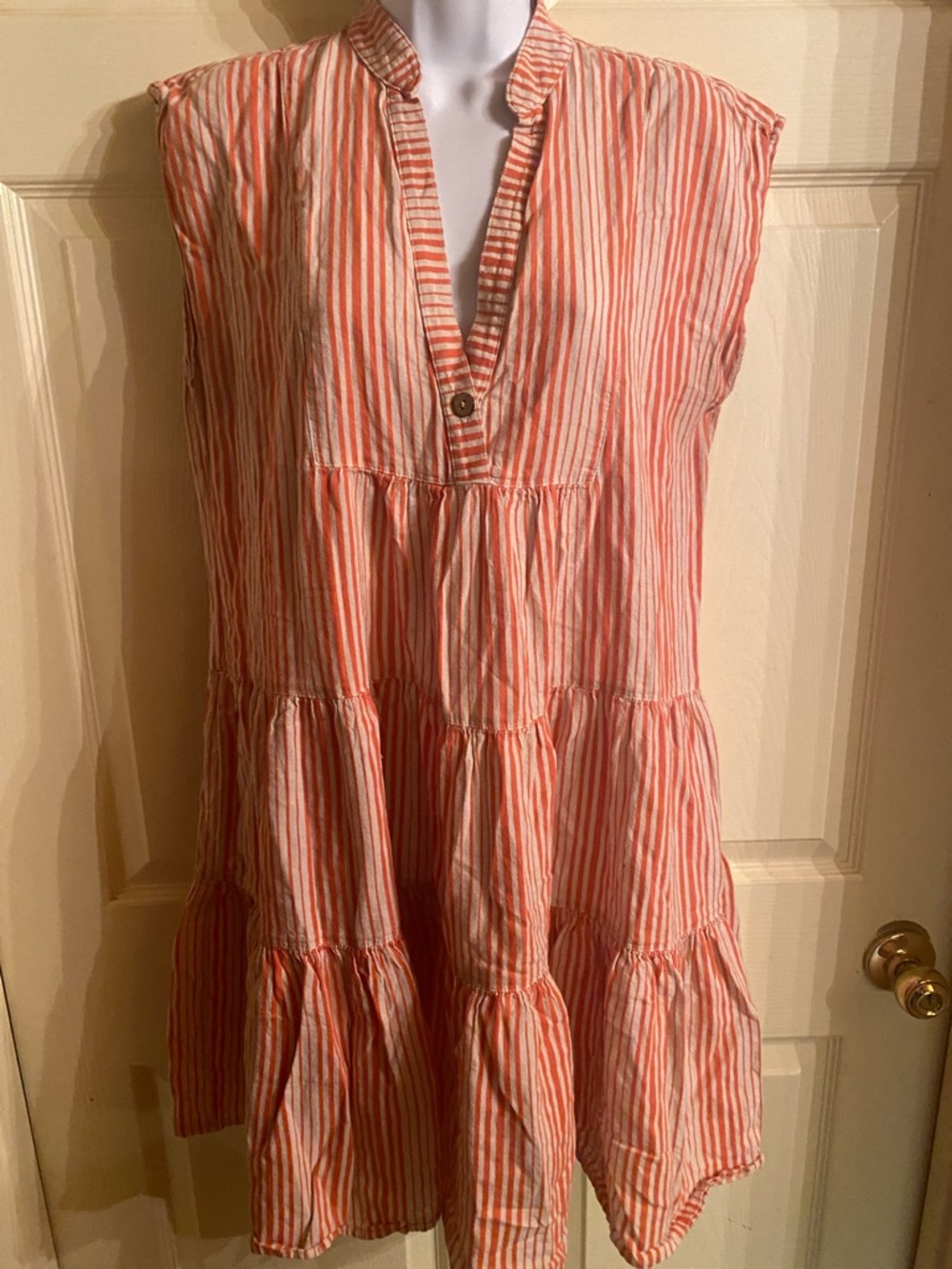 Uncle Frank Coral & White Striped Tiered Mini Dress